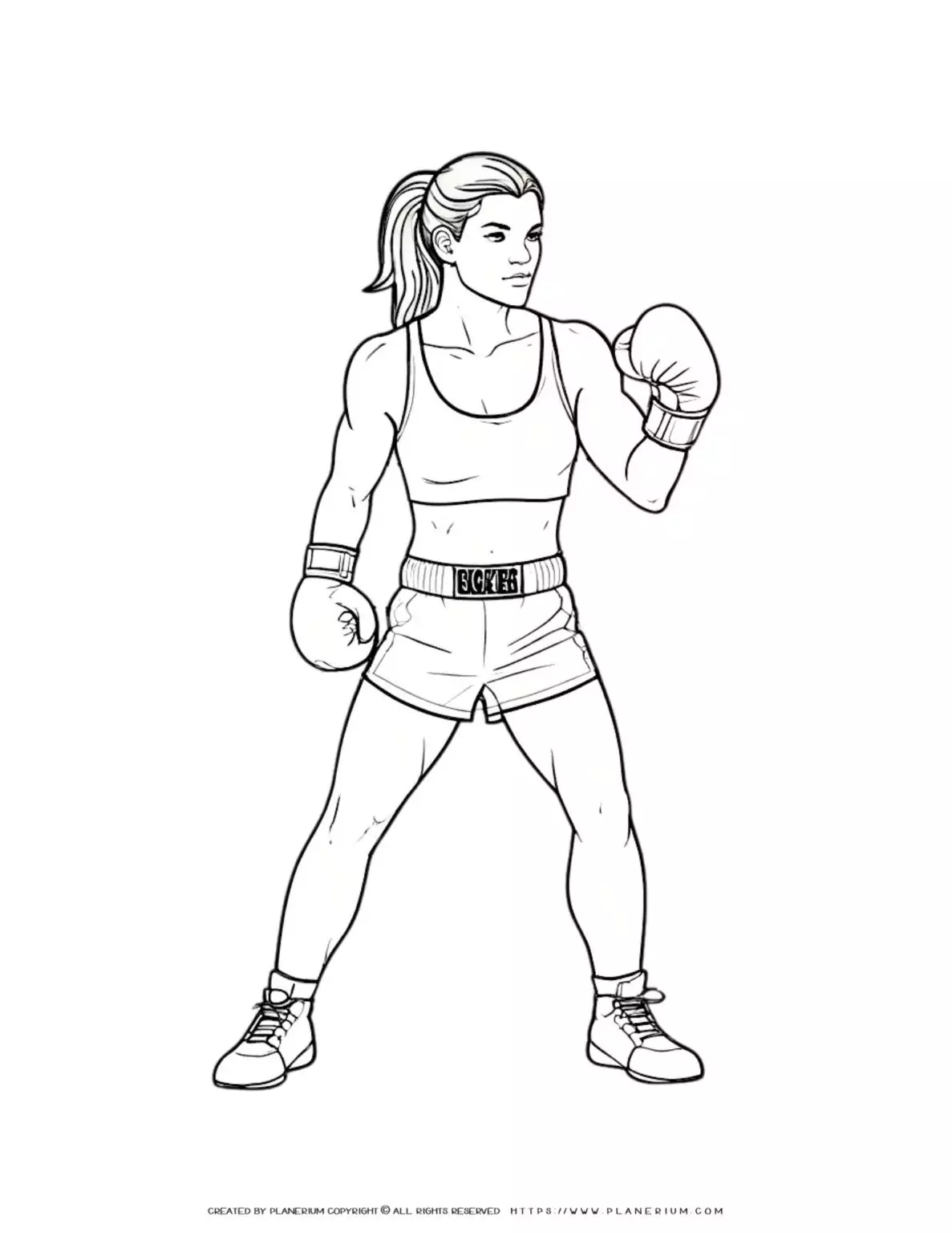 Illustration of a female boxer in a fighting stance coloring page, perfect for sports enthusiasts and coloring enthusiasts alike.
