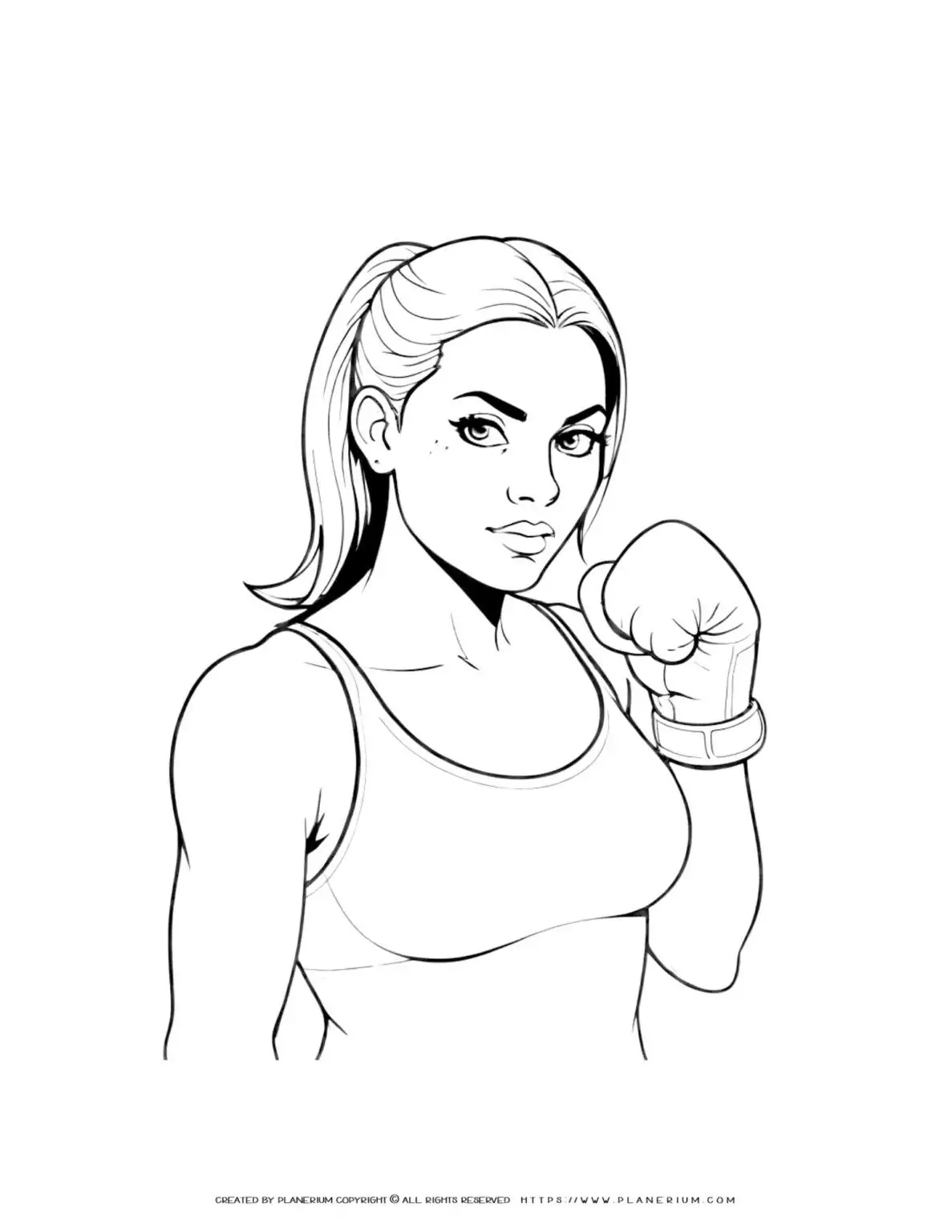 Coloring page illustration of a female boxer portrait, perfect for art enthusiasts and sports fans. Ideal for relaxation and creativity.