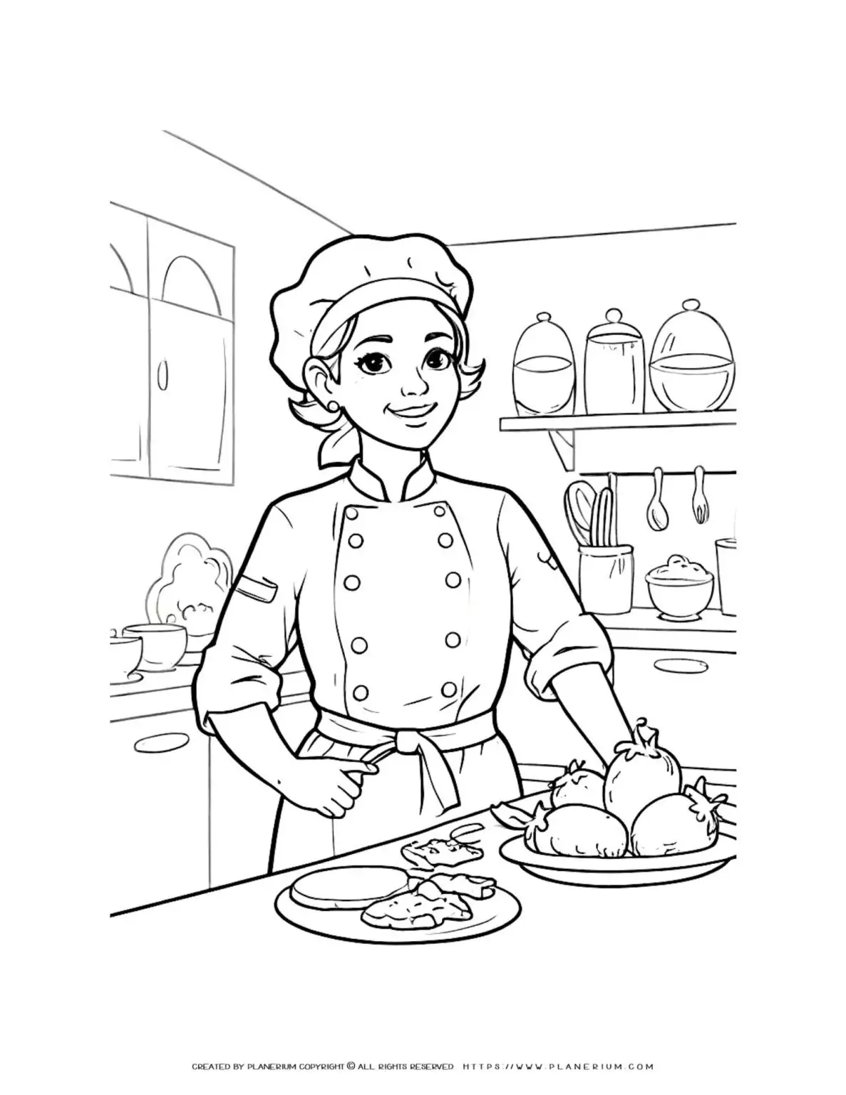 Chef in kitchen with prepared dishes.