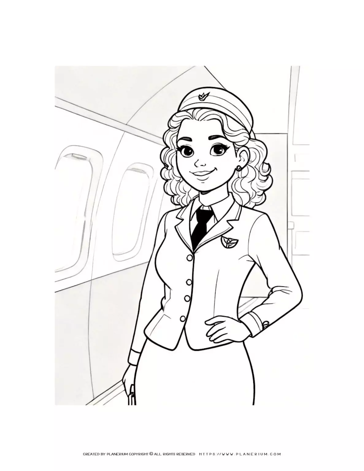 Female flight attendant with curly hair in airplane coloring page.