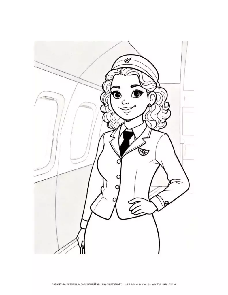 Female flight attendant with curly hair in airplane coloring page.