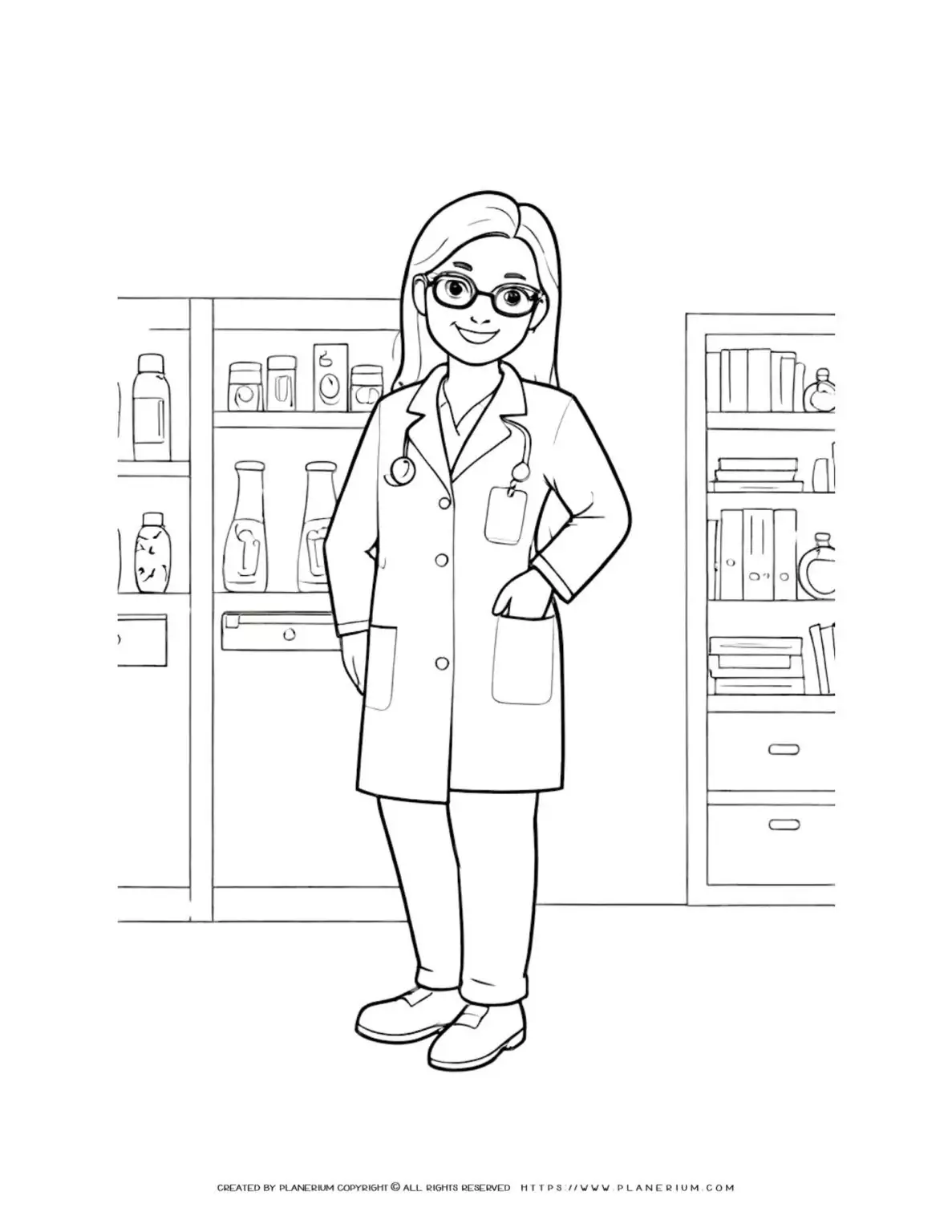 Illustration of a female doctor standing with glasses, perfect for coloring. Great for educational purposes and creative activities.