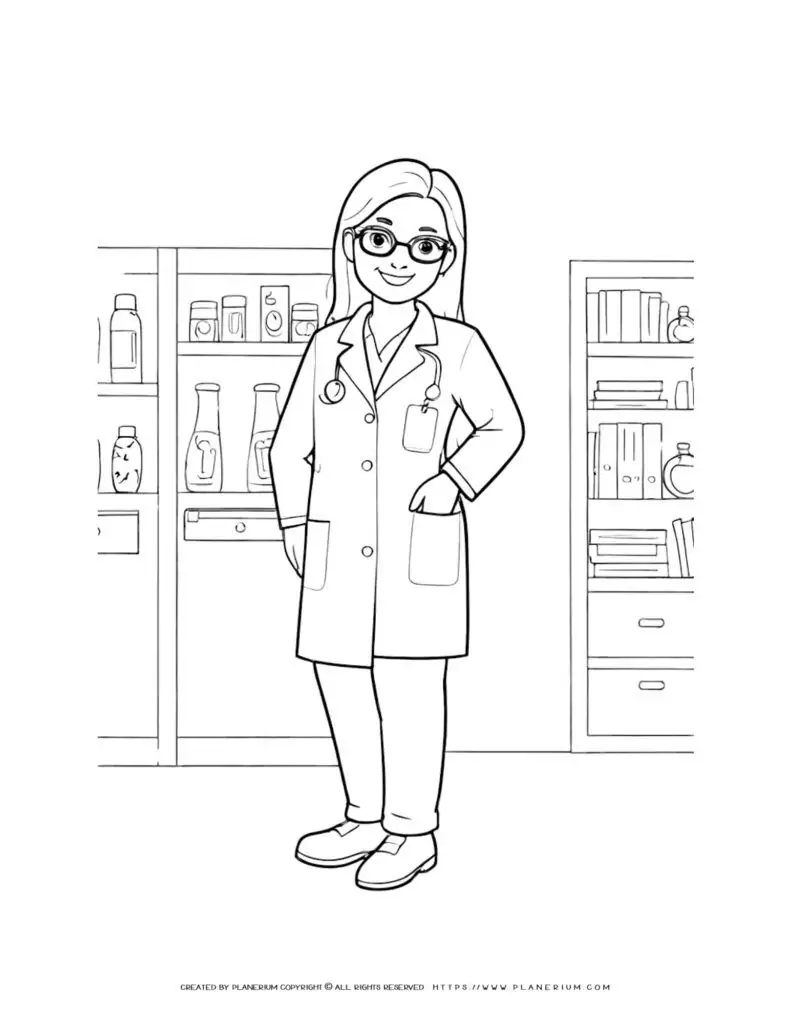 Illustration of a female doctor standing with glasses, perfect for coloring. Great for educational purposes and creative activities.