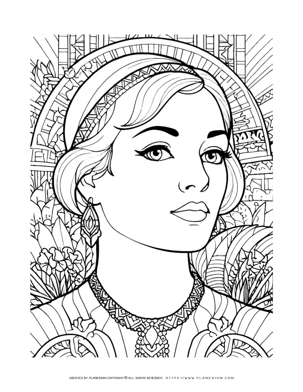 Woman in ornate attire grayscale illustration