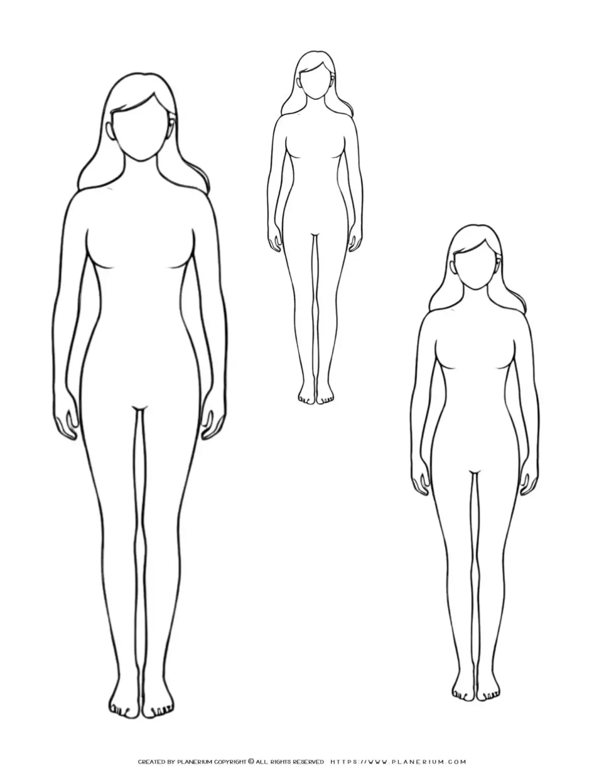 Three outlines of faceless women in different sizes.