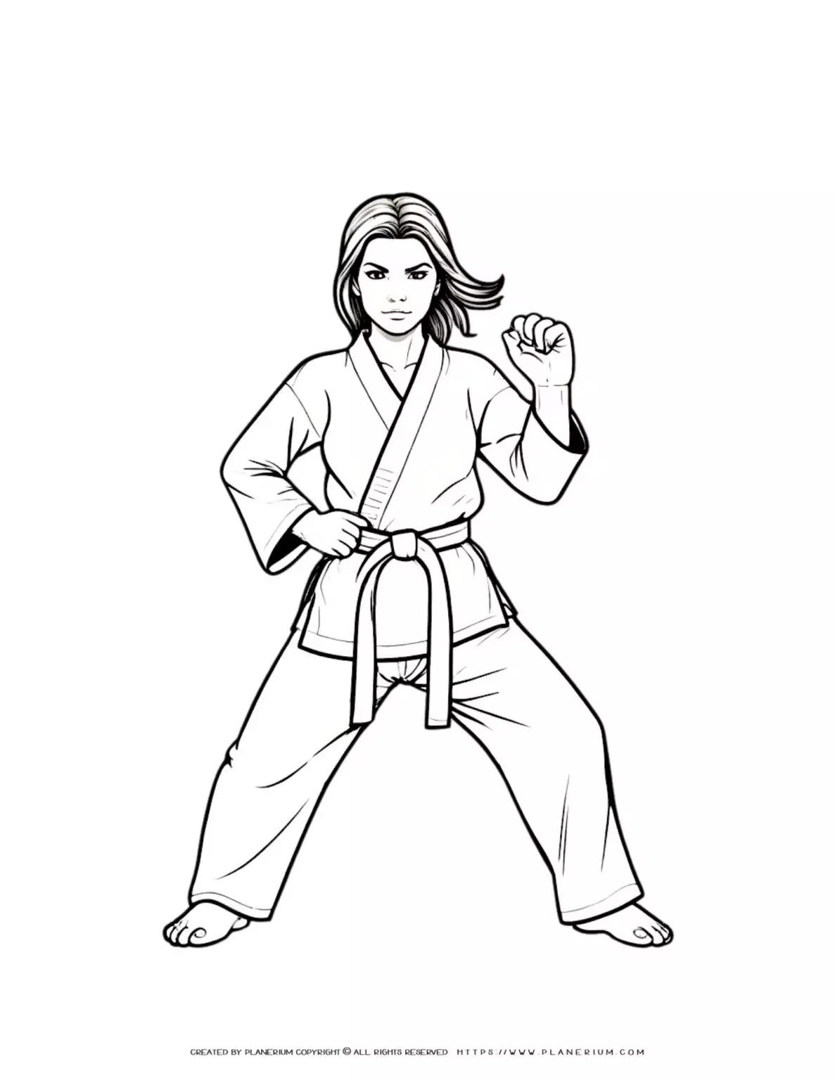 Karate coloring page featuring a woman in a martial arts uniform, perfect for kids and adults. Ideal for relaxation and creativity.