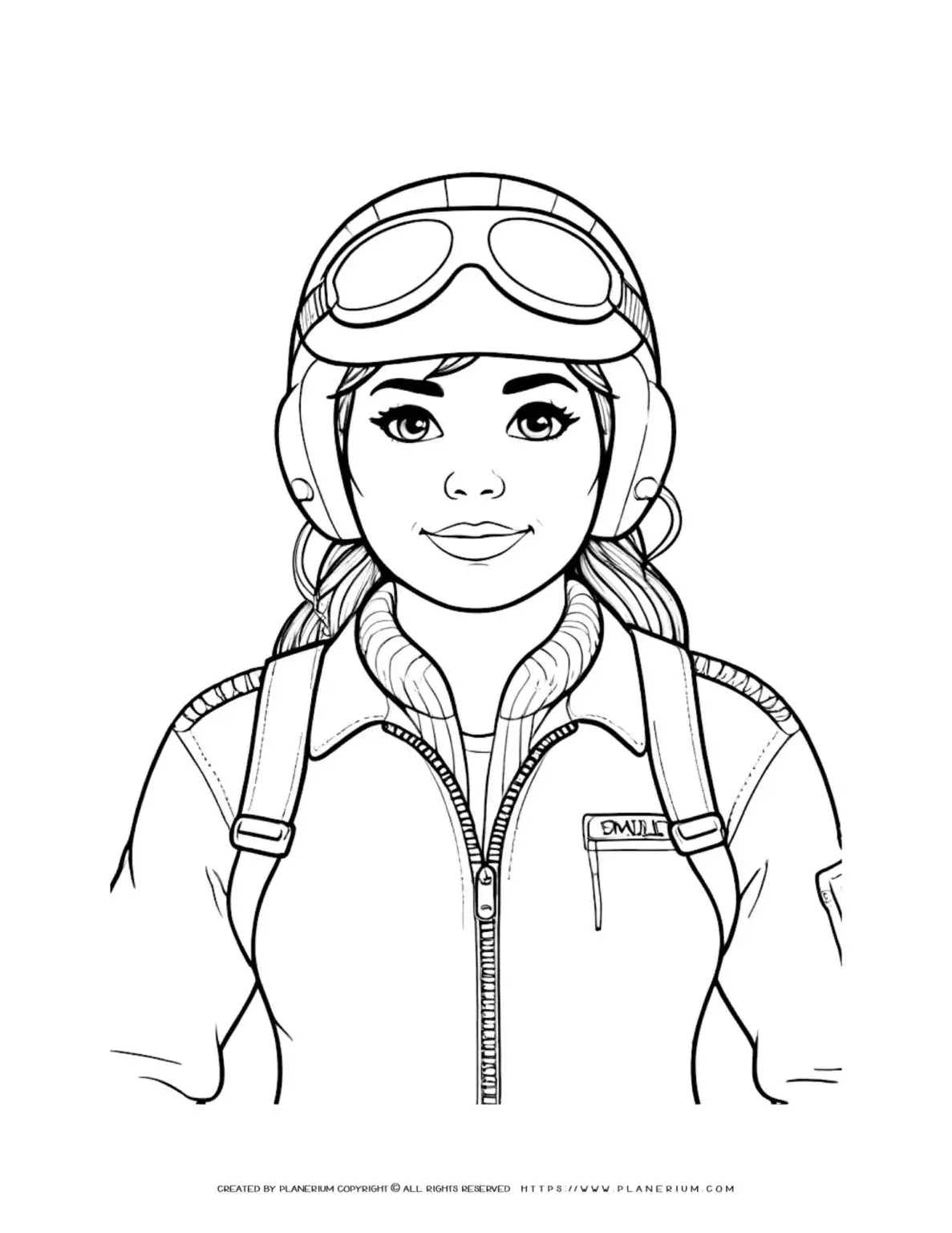Female pilot in comic style coloring page, front view portrait. Ideal for aviation enthusiasts and kids. Perfect for coloring activities.
