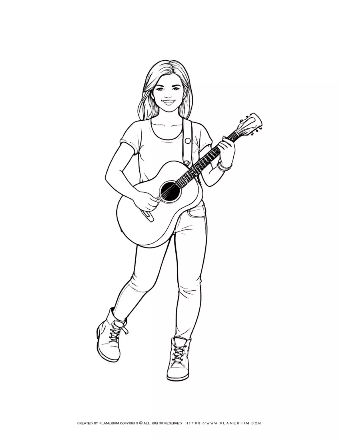 Coloring page of a woman playing guitar. Fun and creative activity for kids. Perfect for music lovers and aspiring artists.