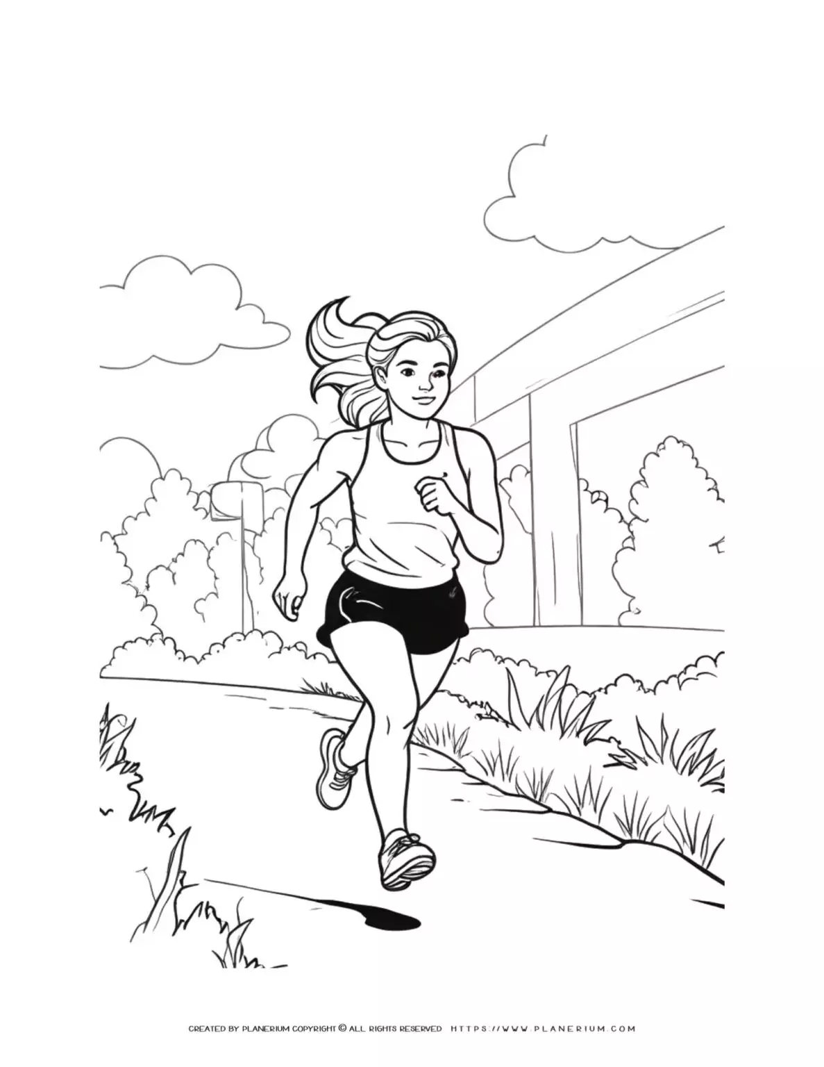 Illustration of a woman jogging in a natural setting, perfect for coloring pages.
