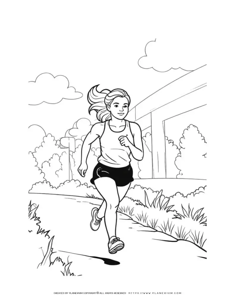 Illustration of a woman jogging in a natural setting, perfect for coloring pages.