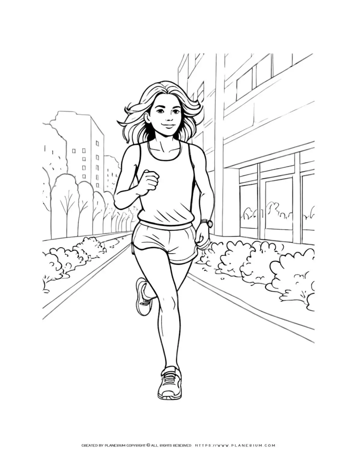 Illustration of a woman jogging in the urban setting, perfect for coloring pages.