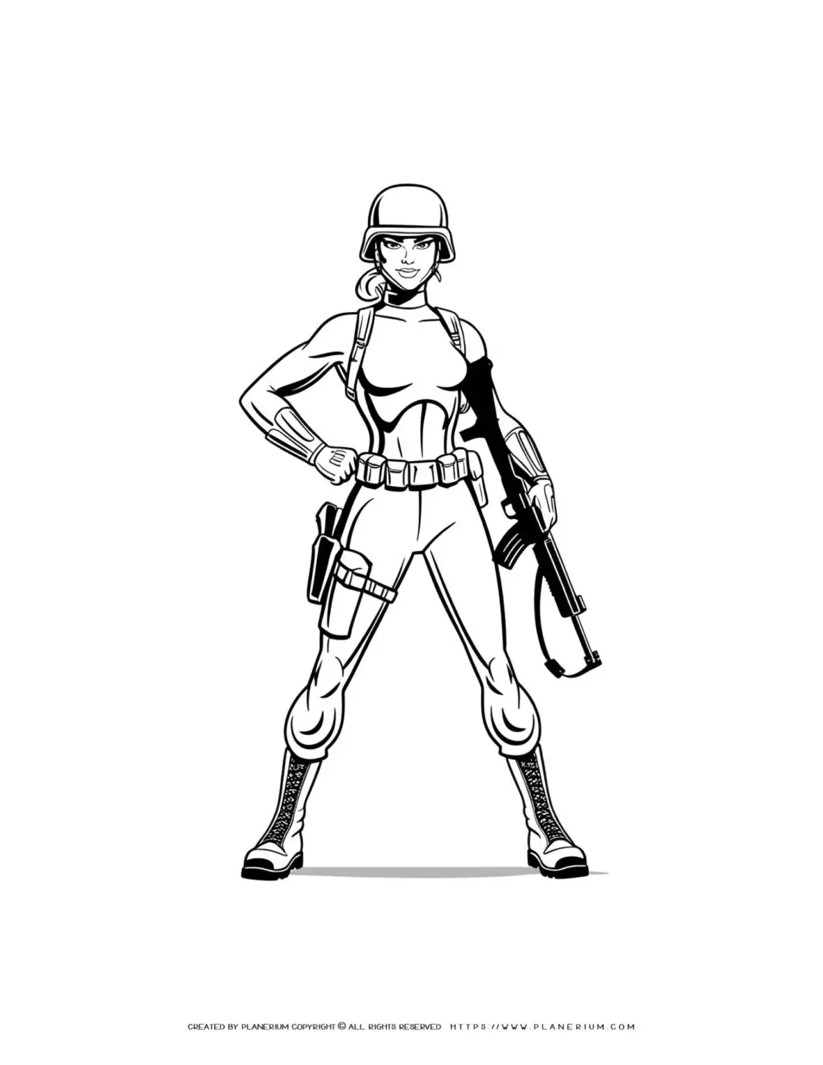 Female soldier in full uniform holding a gun coloring page. Perfect for kids who love military and army themes. Ideal for coloring enthusiasts.