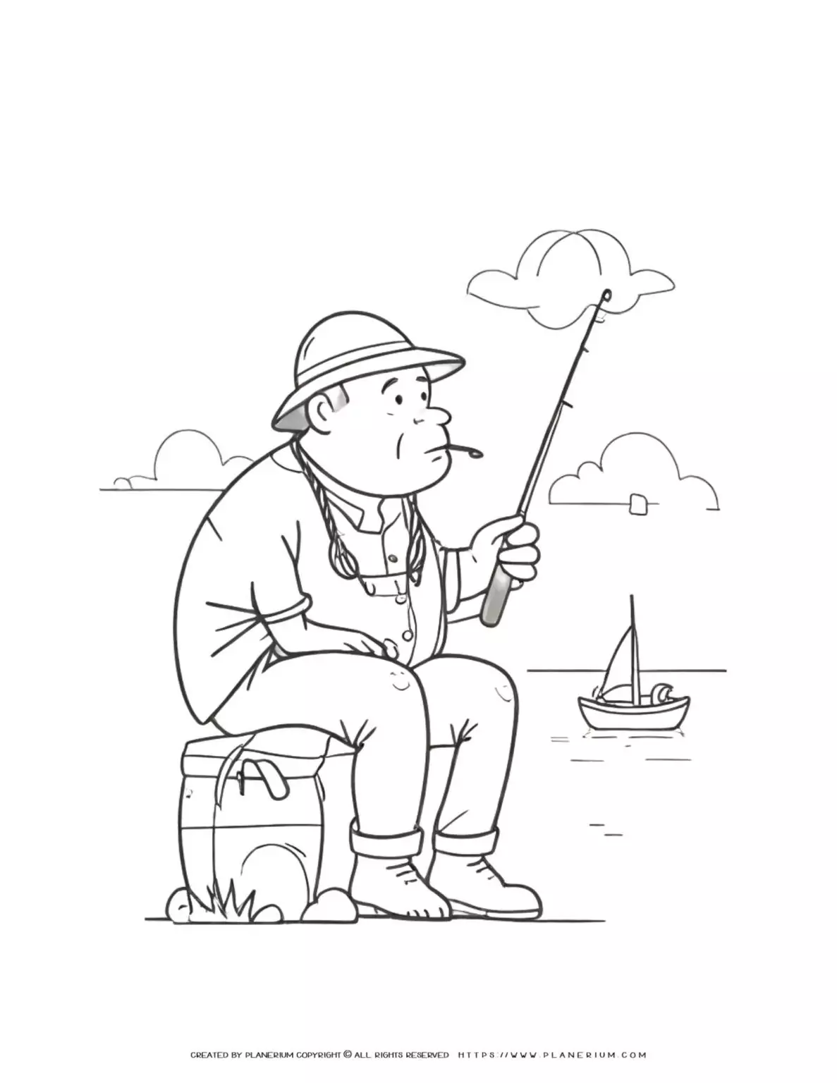 fisherman illustration sitting on a box with a hat holding a fishing rod and in the background a view of the sea with a boat coloring page for kids and adults