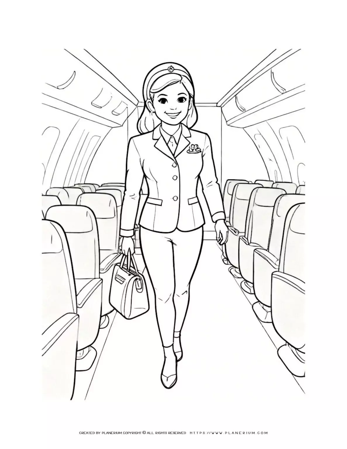 Flight attendant walking inside airplane with bag, full body illustration coloring page. Ideal for kids and aviation enthusiasts.
