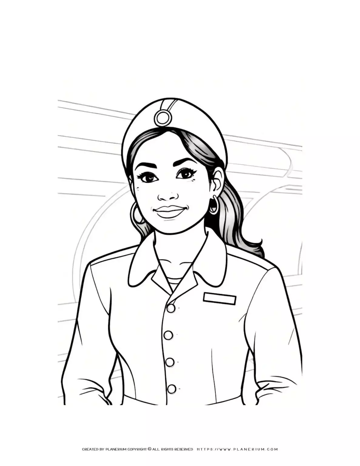 Flight attendant with long hair in airplane coloring page, front view portrait. Ideal for aviation enthusiasts and kids learning about air travel.