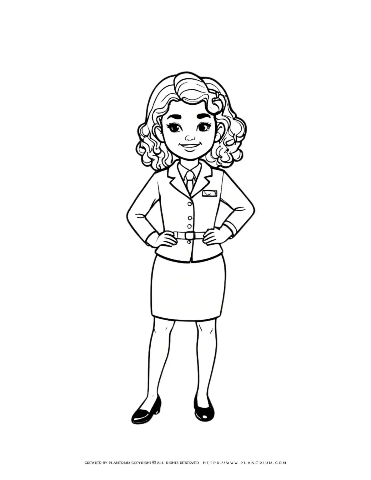 Flight attendant woman with curly hair in full body comic style coloring sheet. Perfect for aviation enthusiasts and coloring book lovers.
