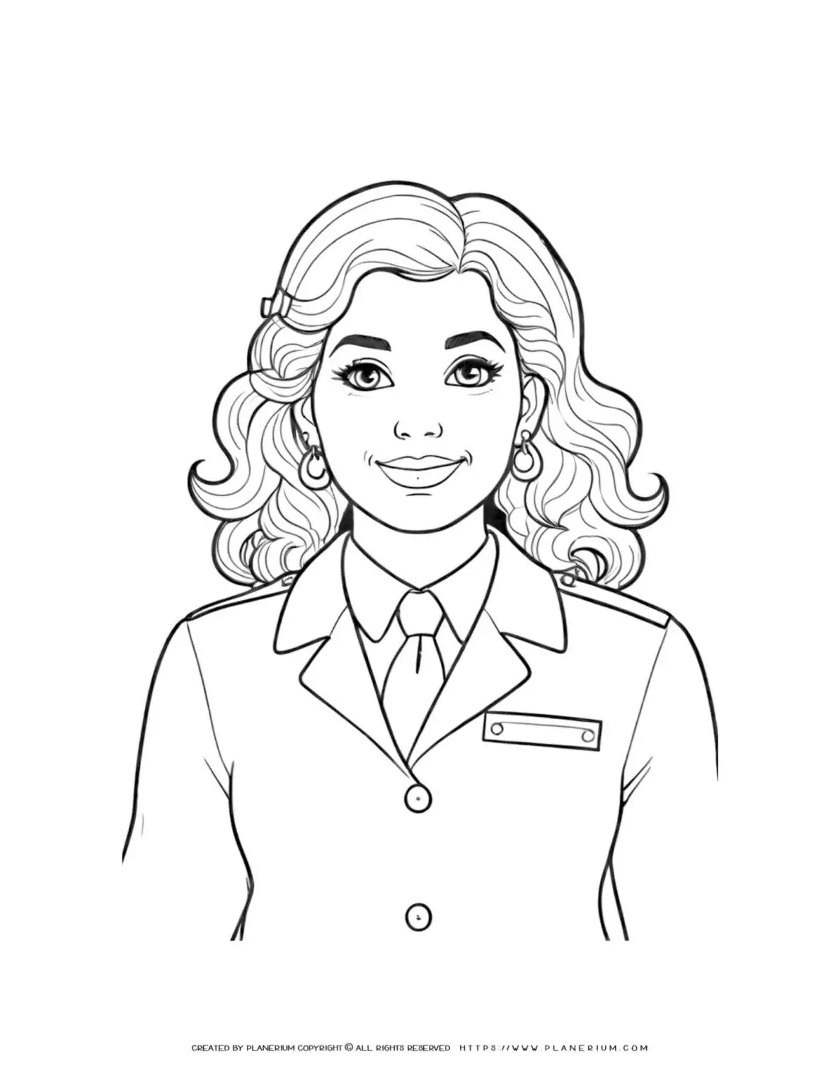 Flight attendant woman with curly hair in a front view portrait coloring page. Ideal for aviation enthusiasts and kids who love airplanes.