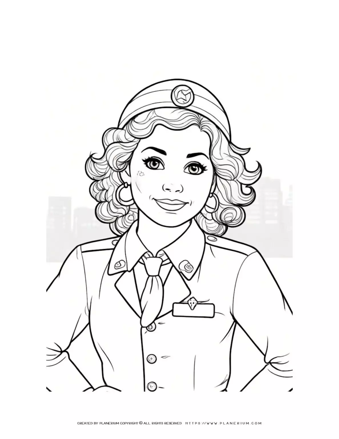 Flight attendant woman with curly hair in a comic-style coloring page. Ideal for kids and adults who love aviation and diversity.