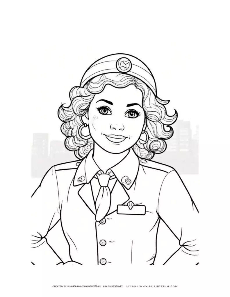 Flight attendant woman with curly hair in a comic-style coloring page. Ideal for kids and adults who love aviation and diversity.