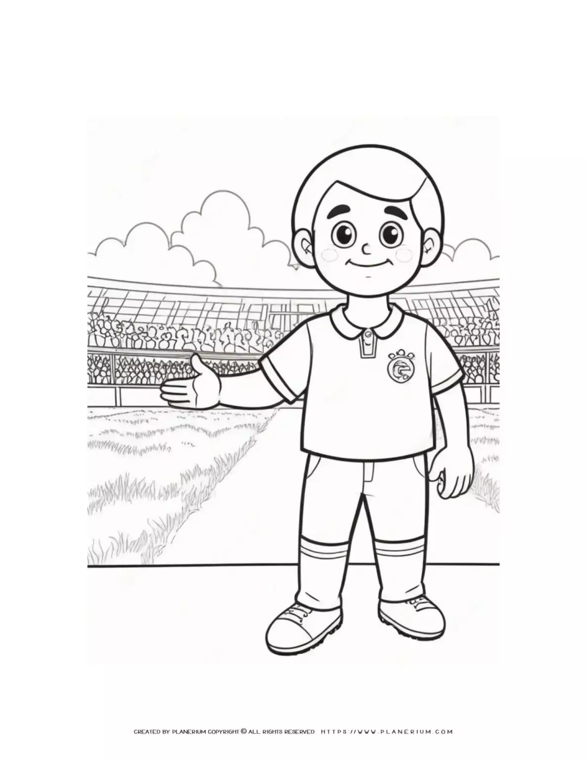 Soccer player coloring page illustration on the field for kids to enjoy and get creative with sports theme.