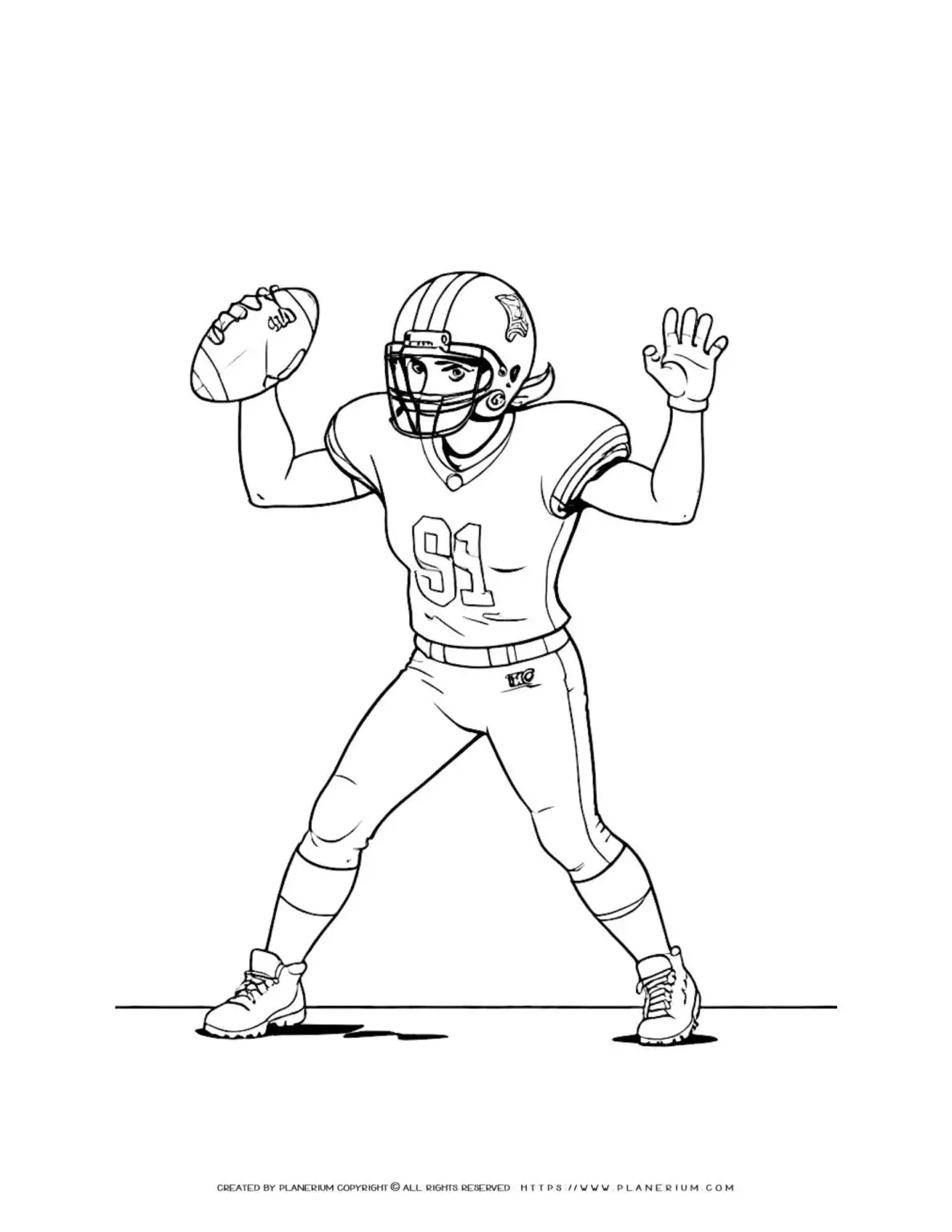 Female football player wearing a helmet coloring page. Full body image of a woman playing football. Great for sports enthusiasts and kids.
