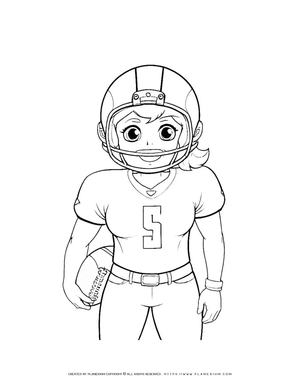 Female football player wearing helmet holding football coloring page for kids. Perfect for sports enthusiasts and coloring enthusiasts alike.