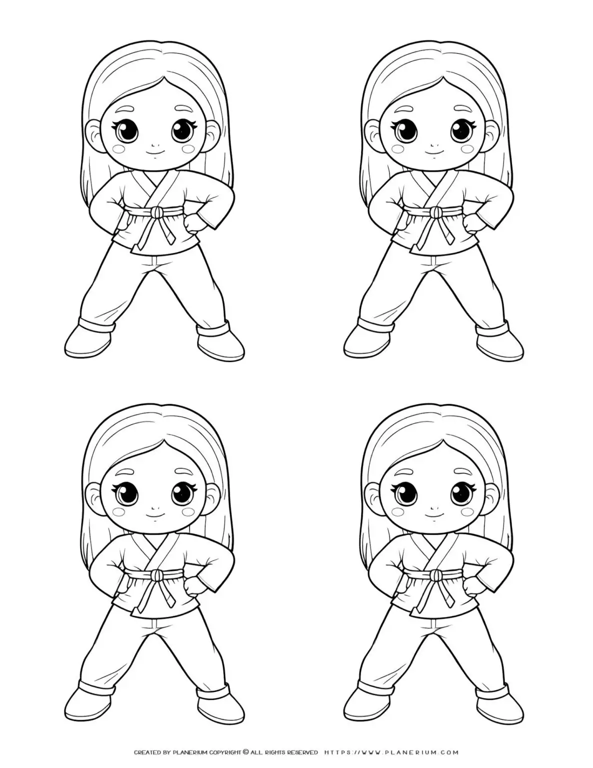 Four female characters in karate attire in a comic book style illustration.