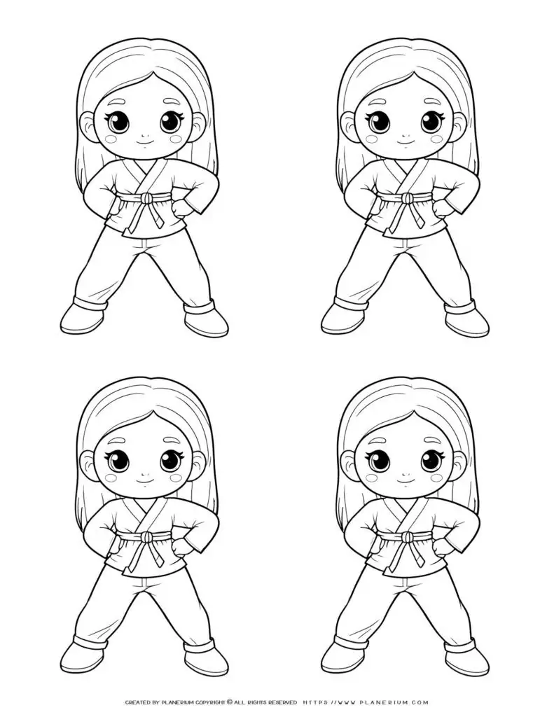 Four female characters in karate attire in a comic book style illustration.