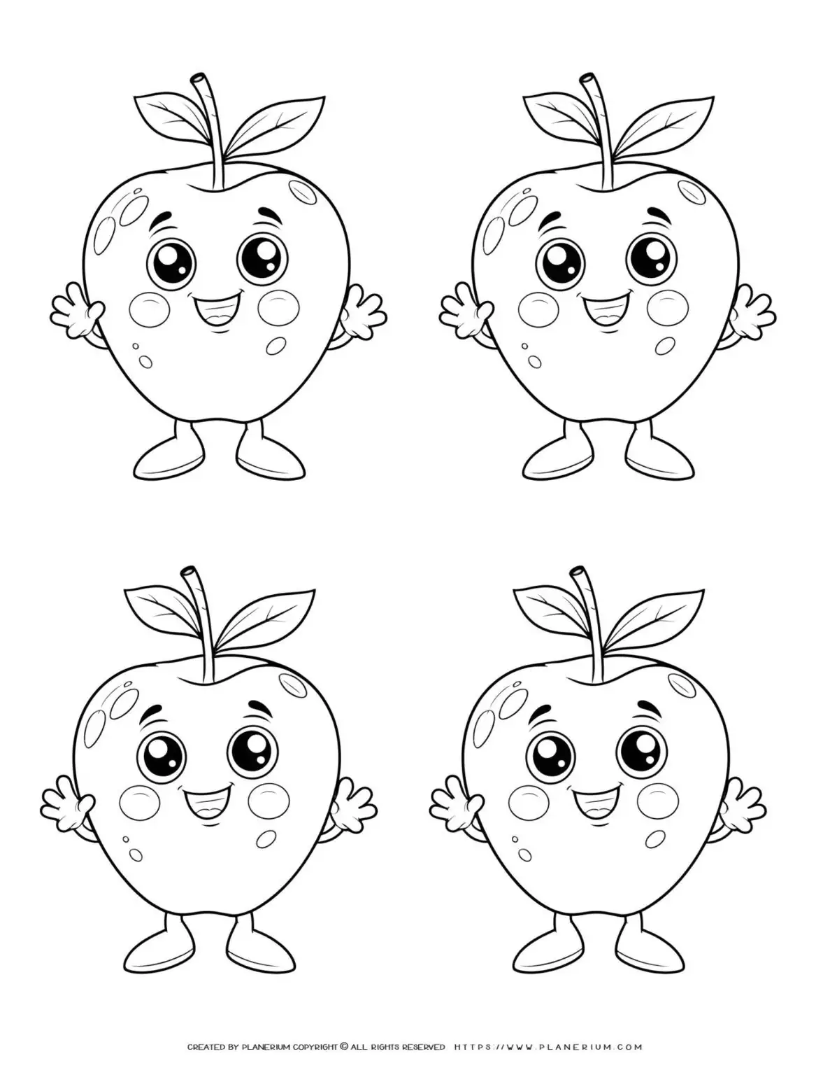 Four smiling cartoon apples with arms and legs.