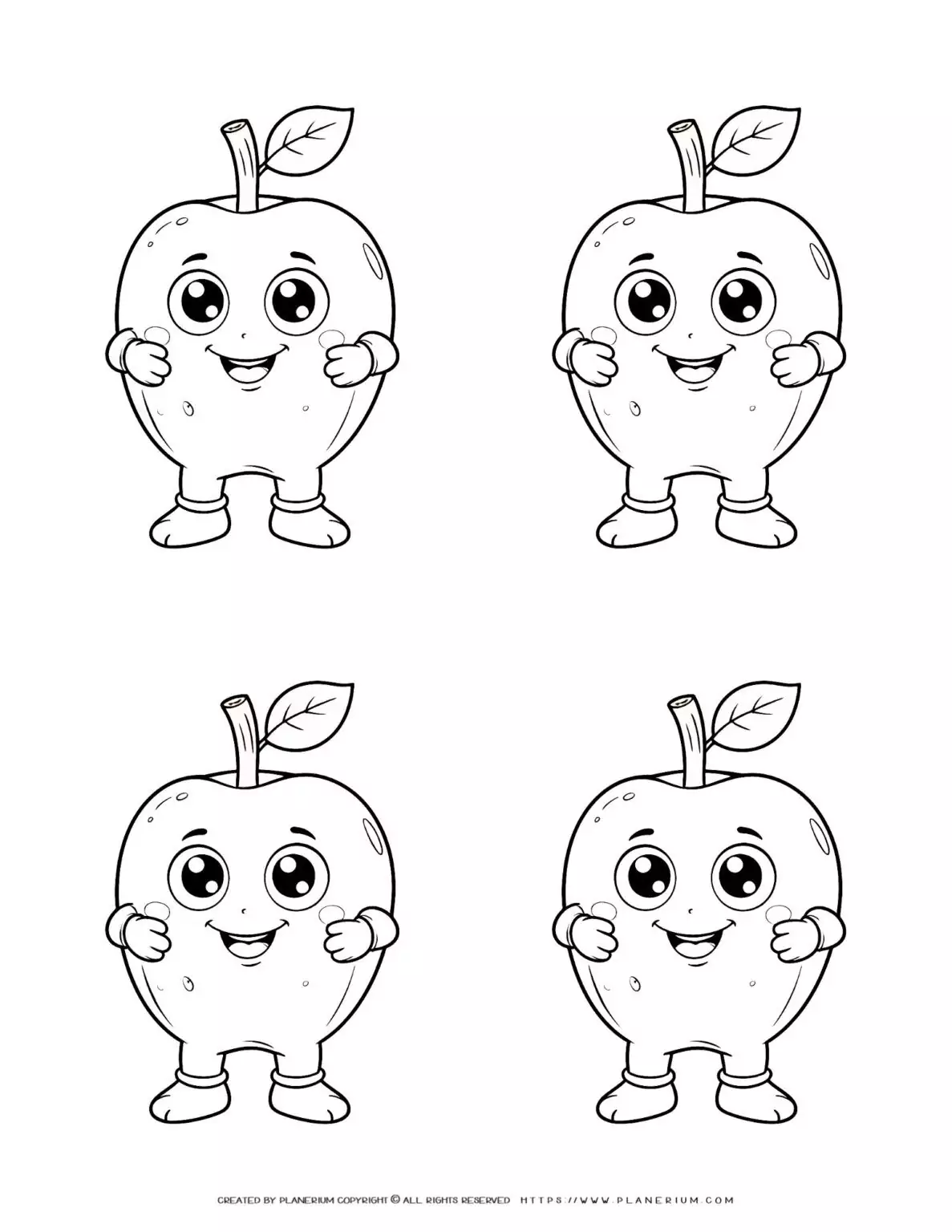 Smiling apple cartoon character coloring page.