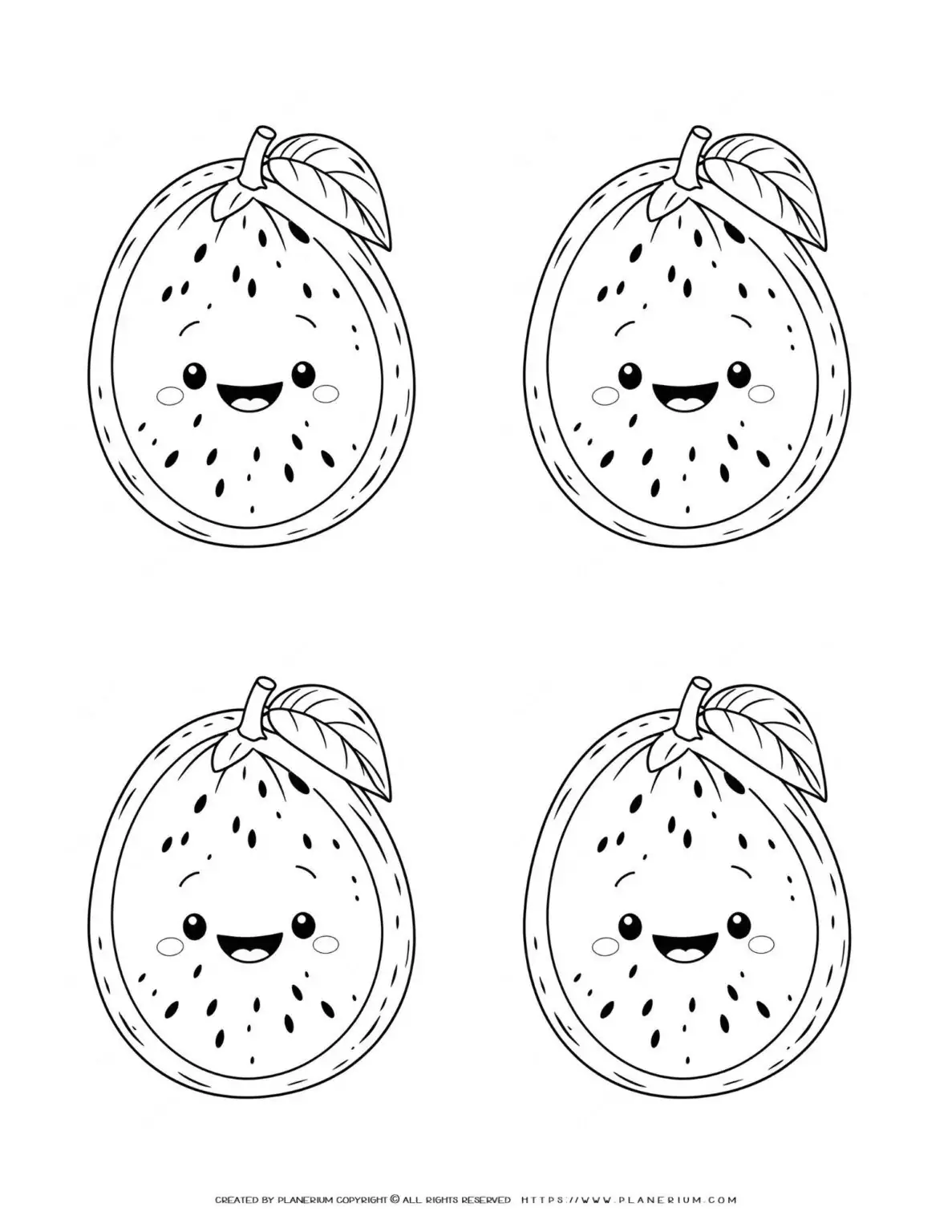 Four kawaii fruit coloring pages