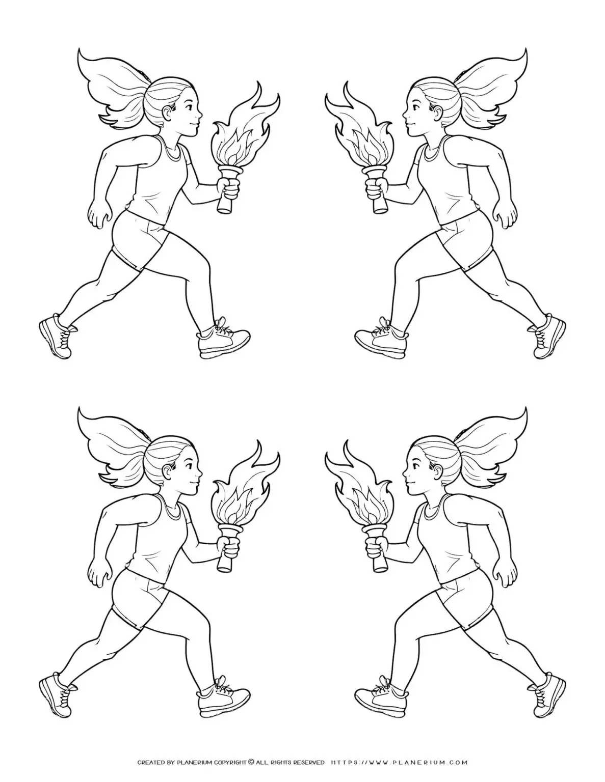 Group of four women jogging together with a torch in hand, silhouette outlines against the sky. Ideal for sports and fitness content.