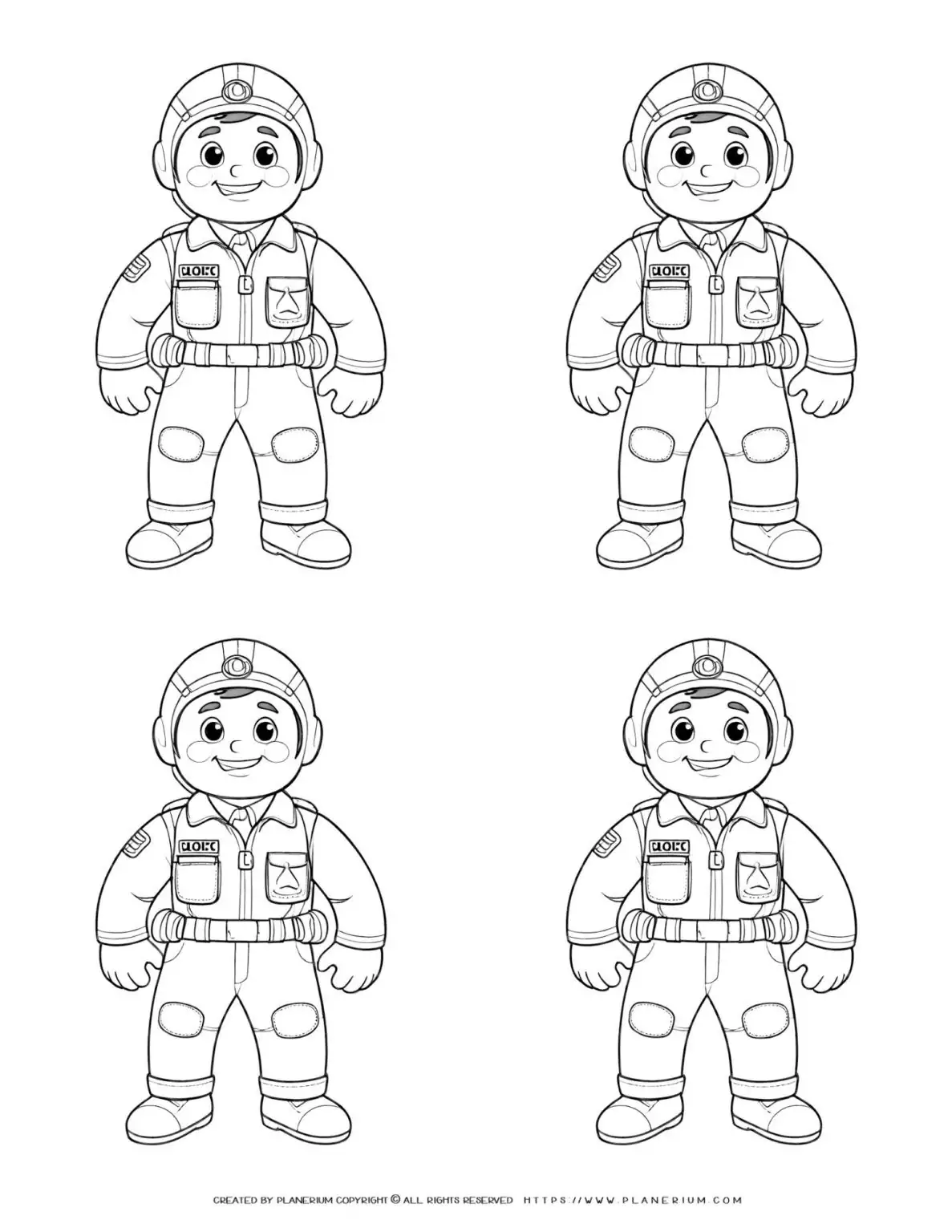 Coloring page of four identical comic pilots in full suit outlines, perfect for kids and aviation enthusiasts. Ideal for creative play and learning about aviation.