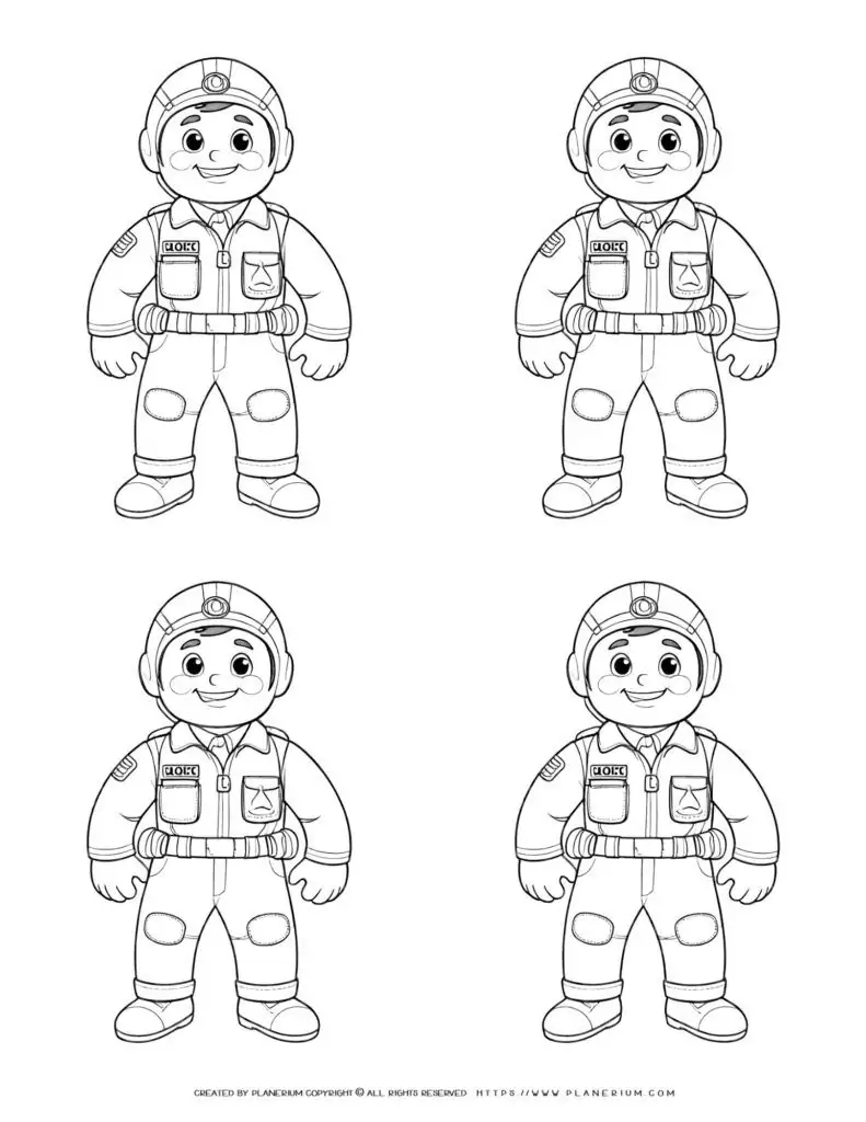 Coloring page of four identical comic pilots in full suit outlines, perfect for kids and aviation enthusiasts. Ideal for creative play and learning about aviation.