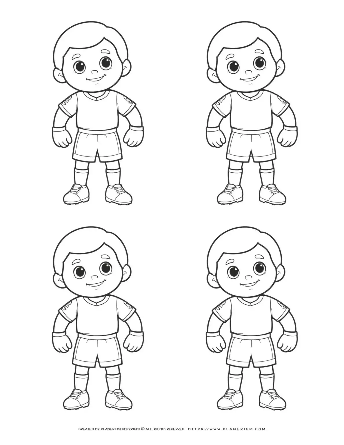 Four identical comic soccer boys players standing in outlines - perfect for sports-themed designs and illustrations.