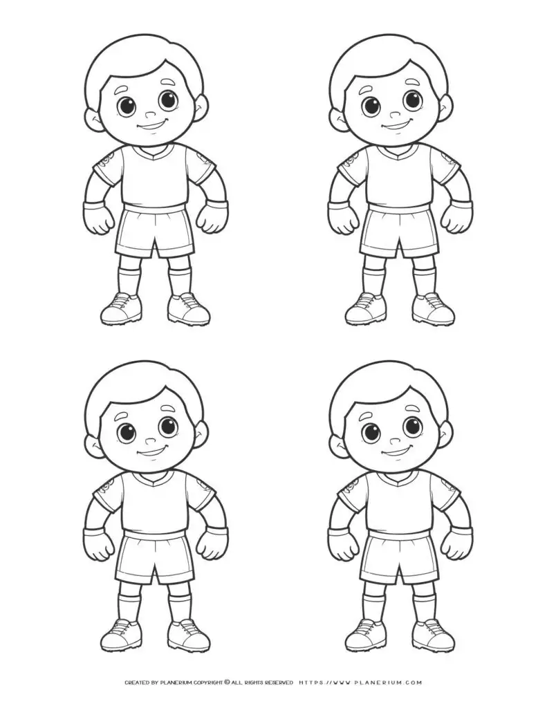 Four identical comic soccer boys players standing in outlines - perfect for sports-themed designs and illustrations.