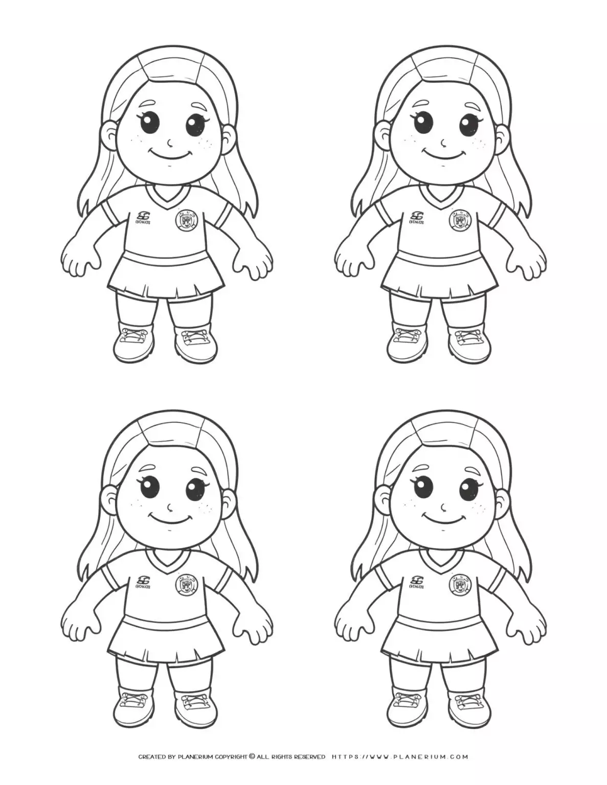 Four identical comic soccer girls players standing in outline, ready for action on the field. Perfect for sports-themed designs and projects.