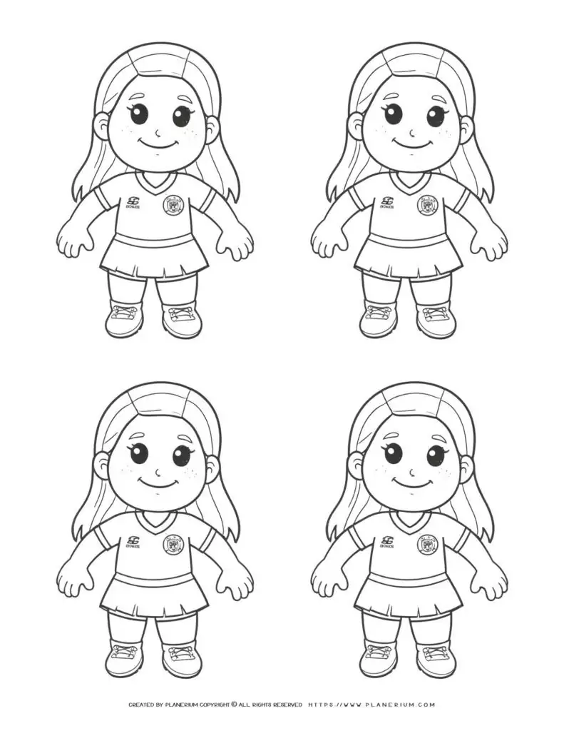 Four identical comic soccer girls players standing in outline, ready for action on the field. Perfect for sports-themed designs and projects.