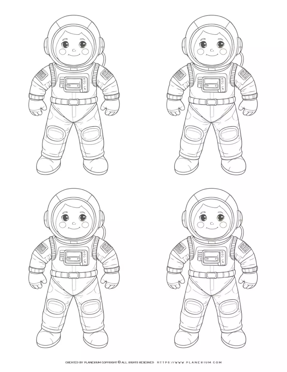 Four child astronaut silhouettes on a white background, perfect for space-themed projects and designs.