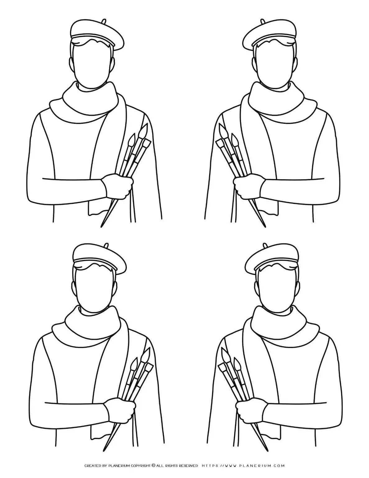 Outline of an artist with brushes in hand.