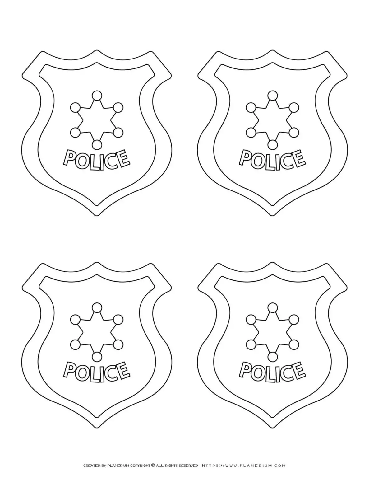 Four blank police badges for coloring.