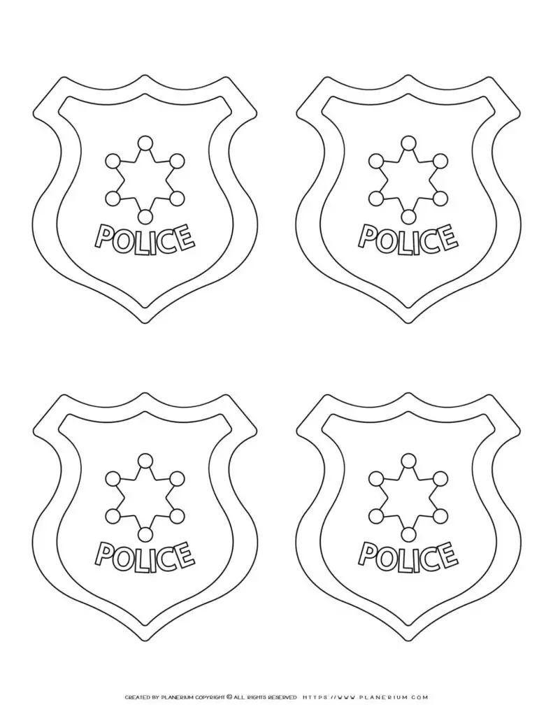 Four blank police badges for coloring.