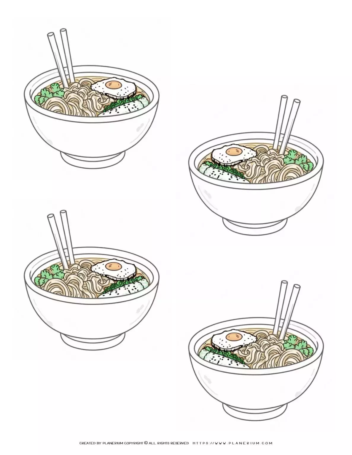 Illustration of ramen bowls with egg and chopsticks.