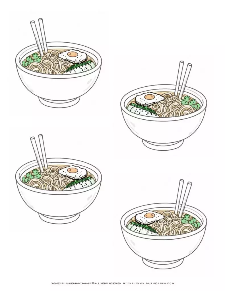 Illustration of ramen bowls with egg and chopsticks.
