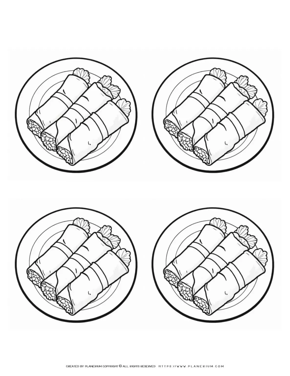 Four plates of spring rolls drawing.