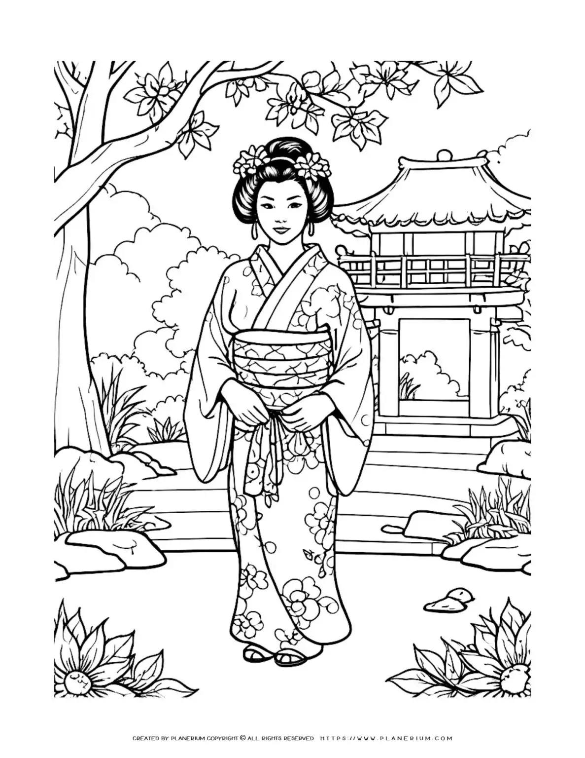 Woman in traditional kimono, Japanese garden background.