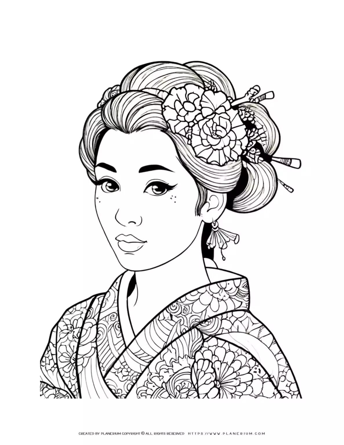 Japanese woman coloring page in traditional attire