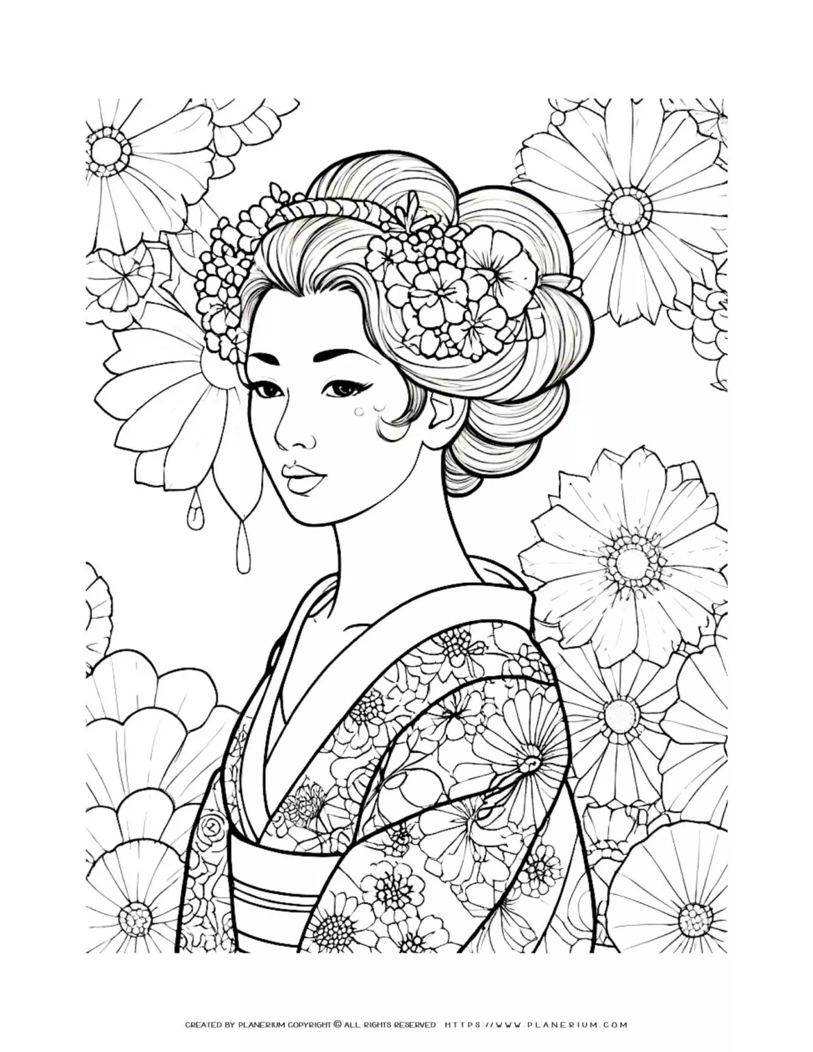 Geisha illustration with floral kimono and background