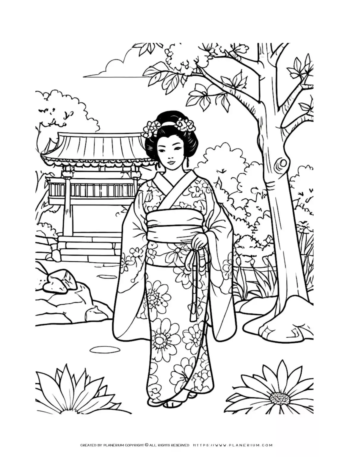 Woman in kimono in Japanese garden