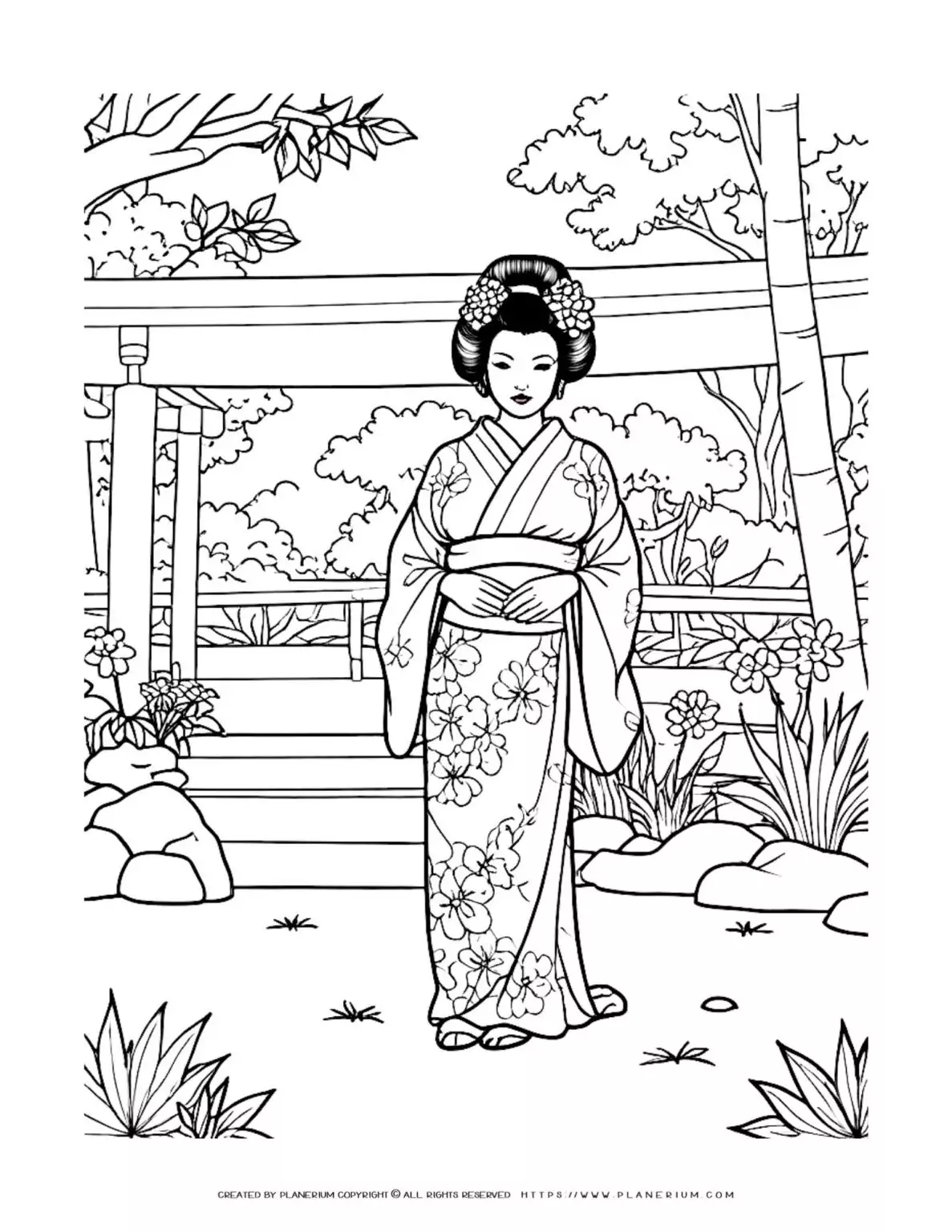 Geisha in kimono at Japanese garden